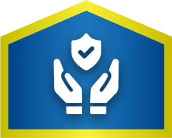 Icon of two hands holding a shield with a checkmark inside, set against a blue background with a yellow border shaped like a house roof.