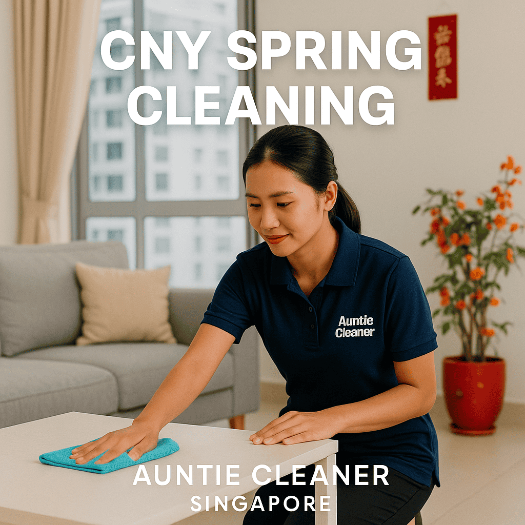 Part-time maid in navy blue uniform doing Chinese New Year spring cleaning in a Singapore condo living room
