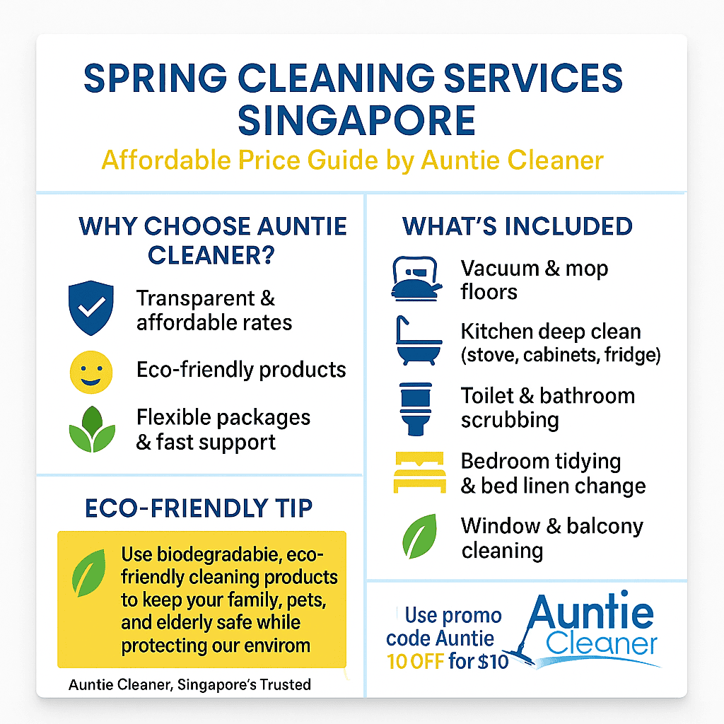 Spring cleaning services Singapore infographic by Auntie Cleaner showing affordable rates, services included, and eco-friendly cleaning tips for HDB, condo, and landed property.