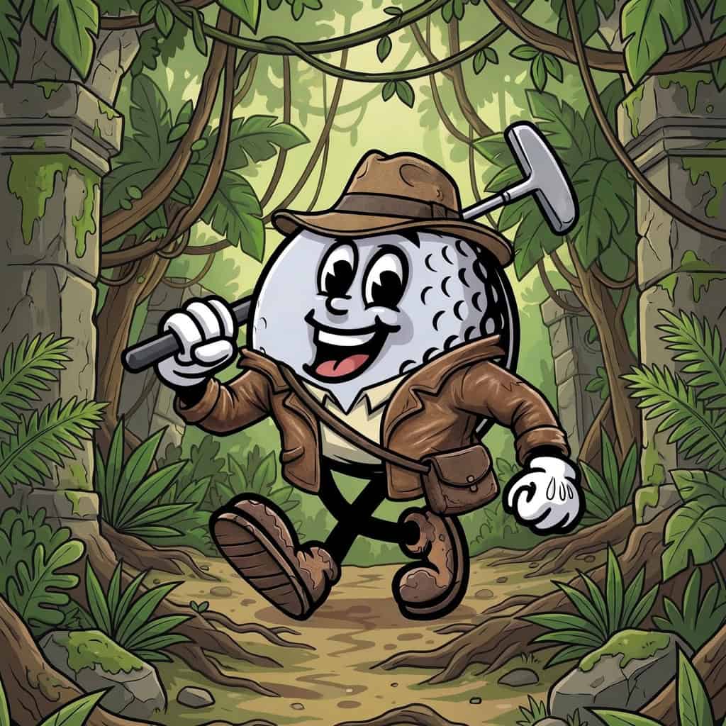 Cartoon ice cream character dressed as explorer in jungle setting holding a pickaxe.