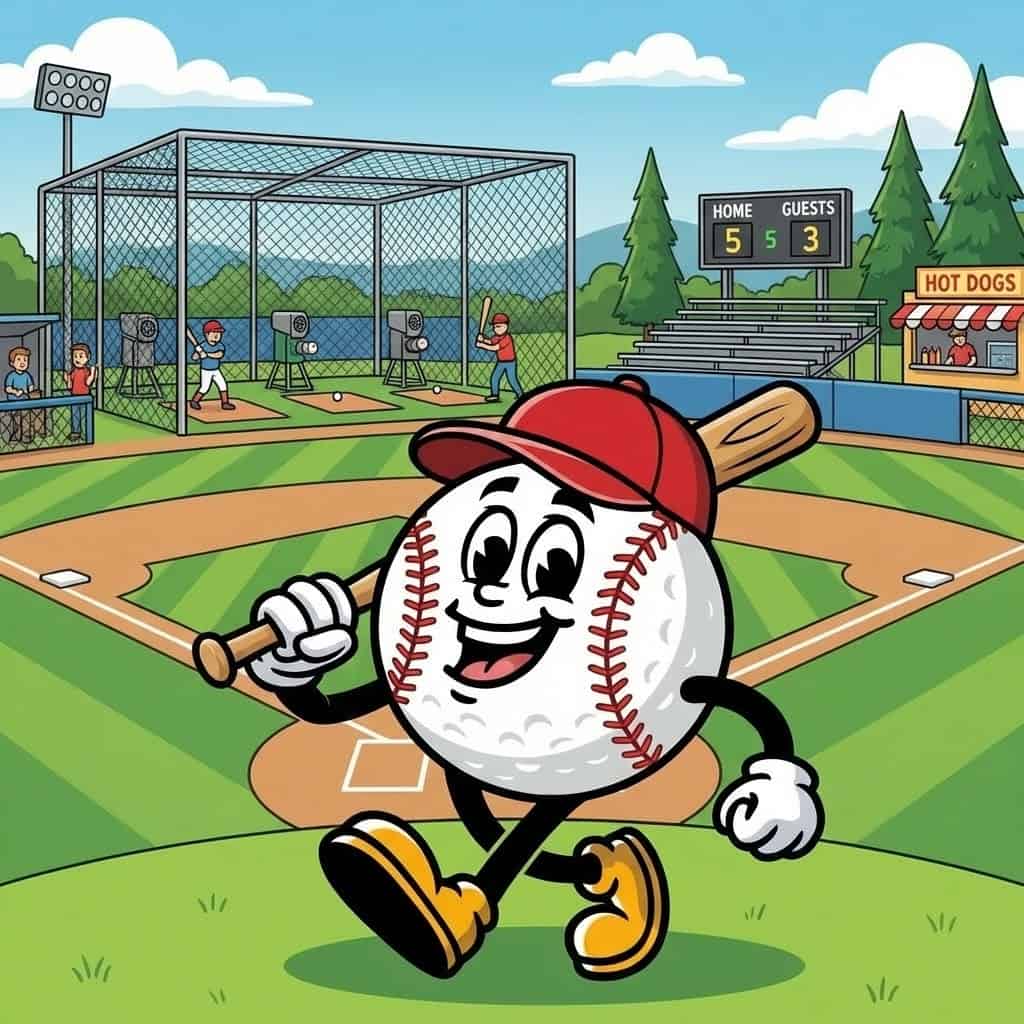 Baseball mascot with a bat on a baseball field, cheerful and ready to play.