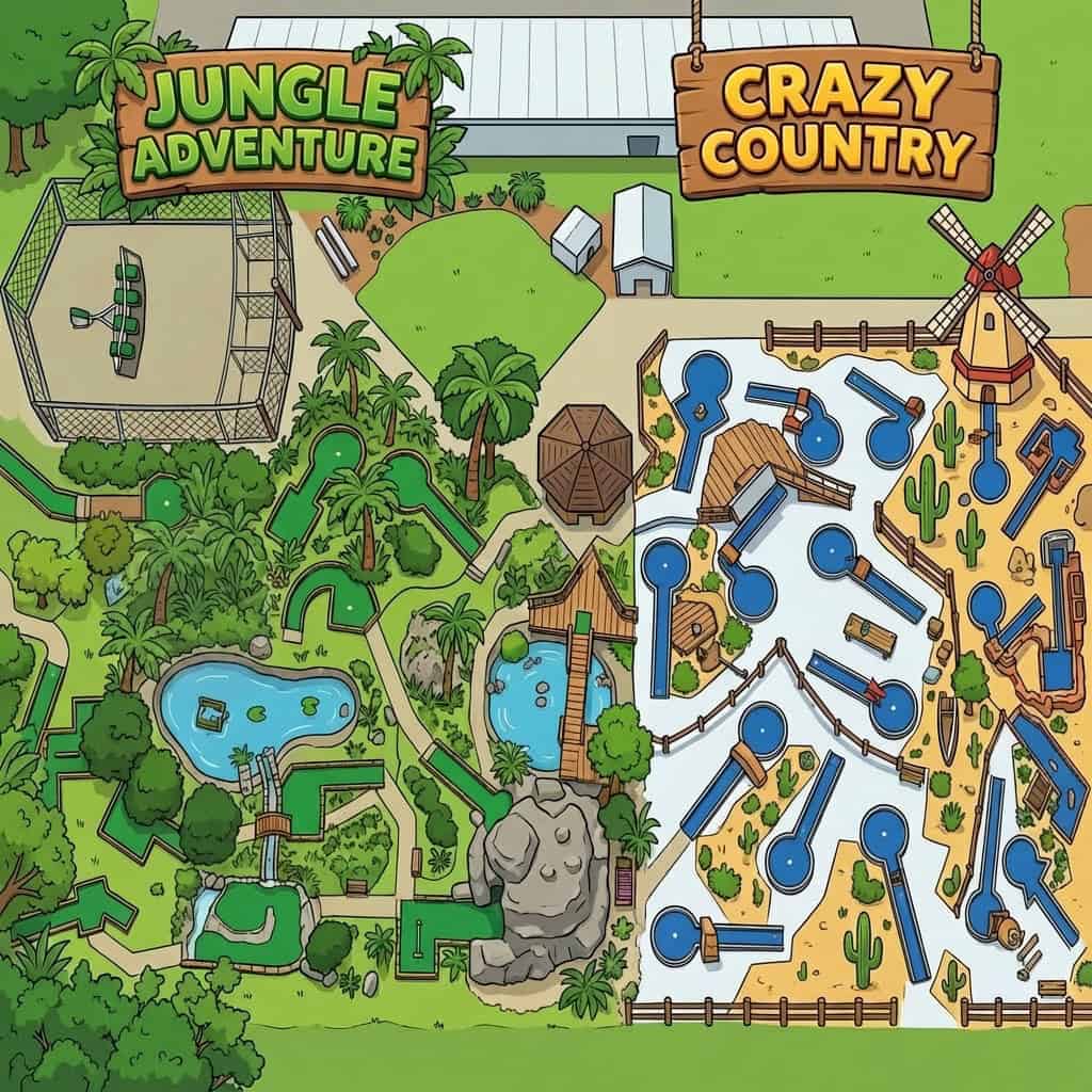 Colorful jungle and water park attractions for family fun and adventure.