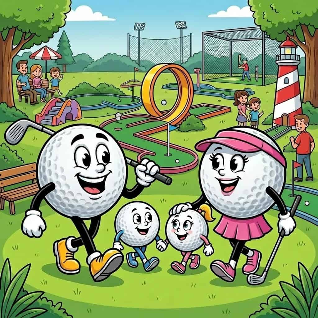 Animated golf balls family enjoying outdoor activities at the park.