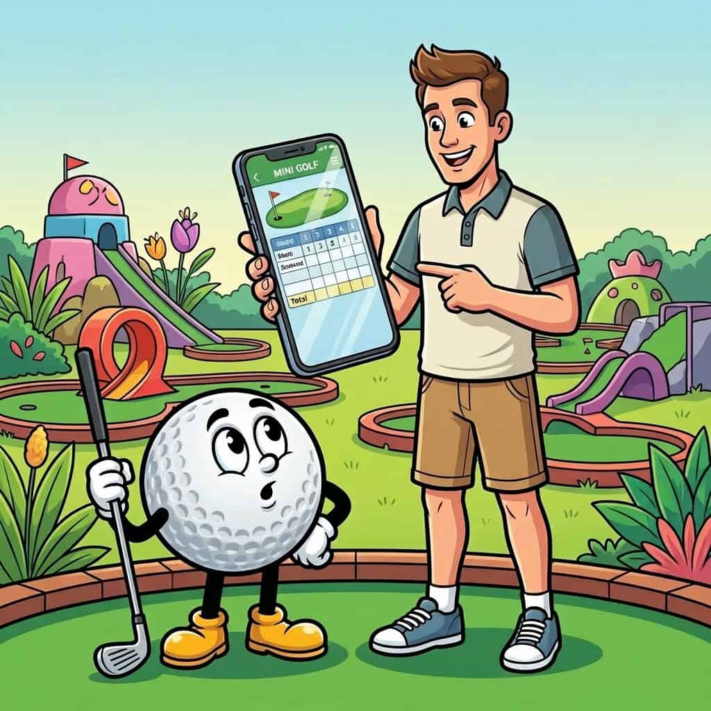 Cartoon man showing golf app on phone to animated golf ball character on mini golf course.
