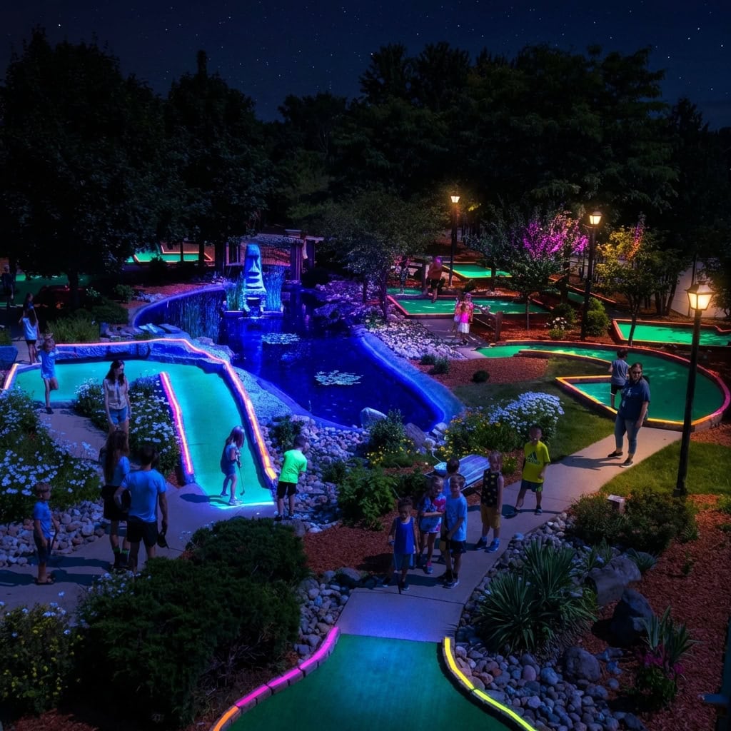 Nighttime waterpark illuminated with vibrant LED lights and families having fun.