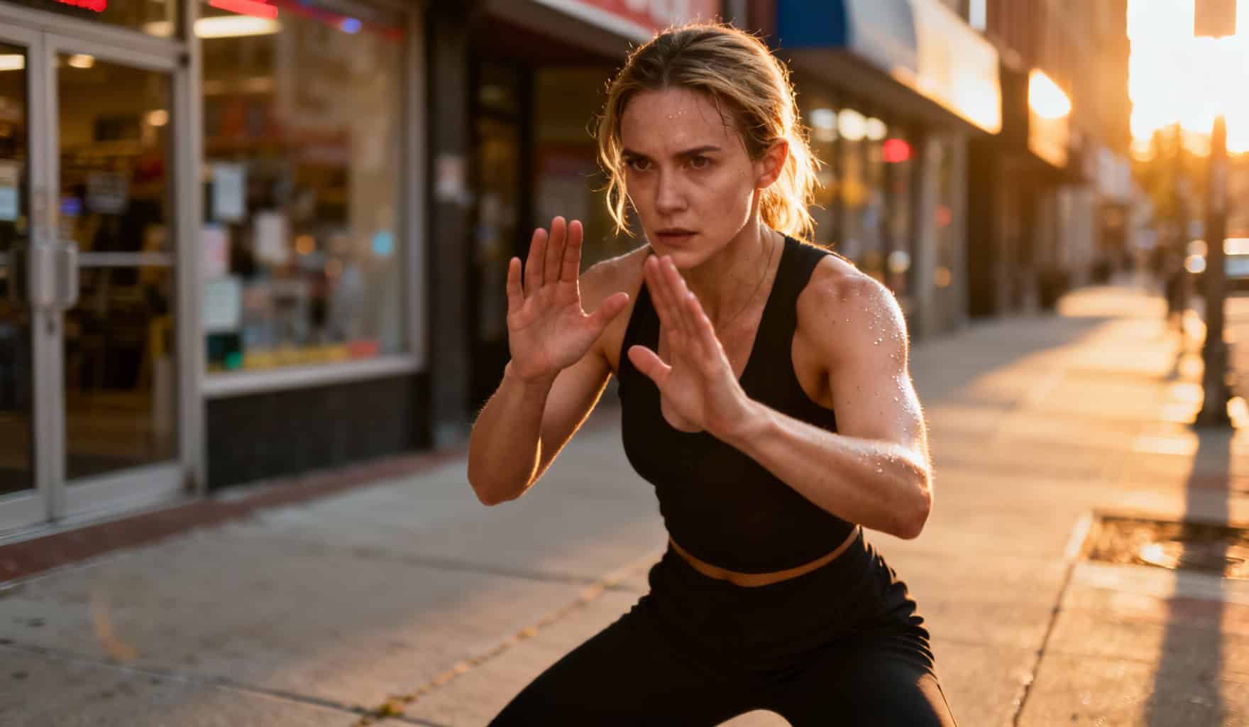 Femme prête à se défendre dans la rue
