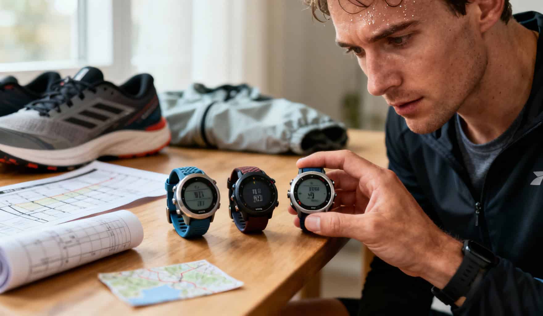 Coureur caucasien examinant des montres