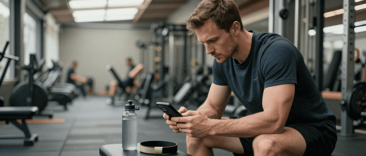 Homme fatigué mais déterminé pendant sa séance de musculation efficace.