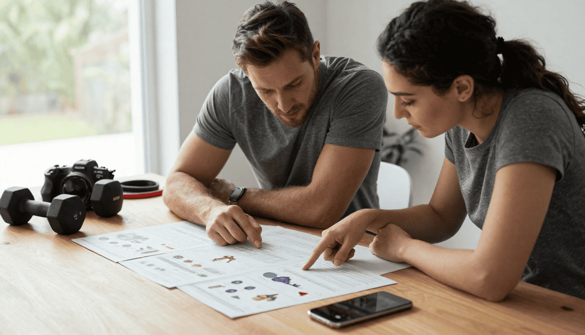 Deux personnes discutent stratégie fitness à la maison, avec haltères, smartphone et documents informatifs.