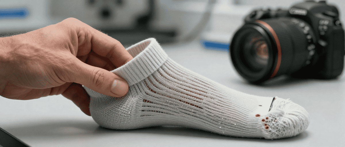 Chaussure de sport usée avec déchirure visible, posée sur une table.