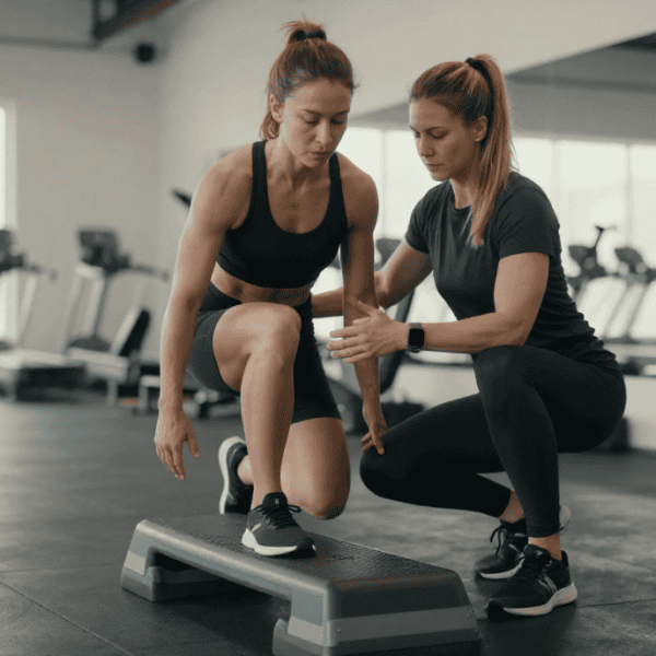 Coach aidant une femme à faire du step en salle de sport moderne.