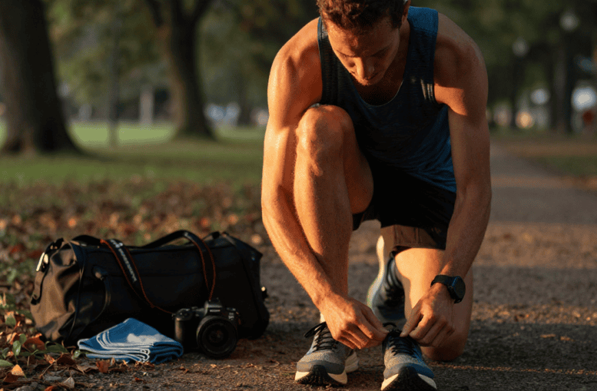 Homme préparant ses chaussures de course dans un parc en plein air.