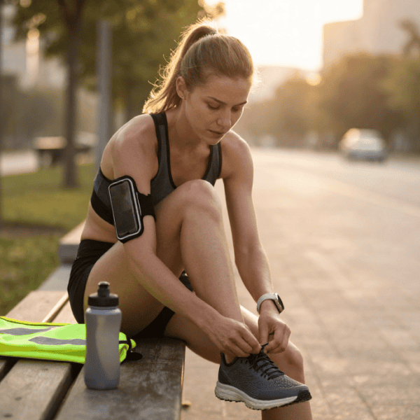 Sport, running, préparation, femme, outdoor, fitness, entraînement.