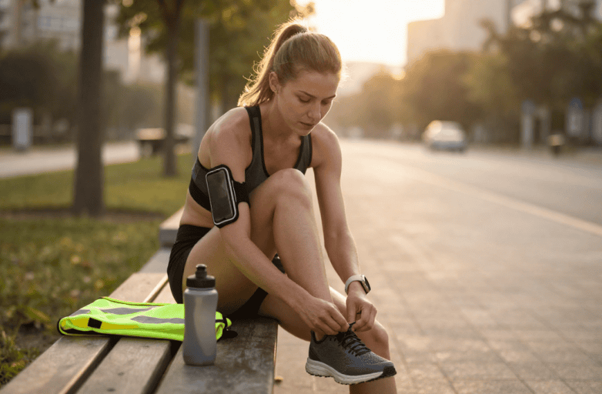 Sport, running, préparation, femme, outdoor, fitness, entraînement.
