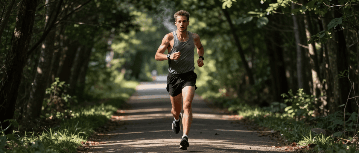 Courseur courant sur sentier forestier au lever du soleil.