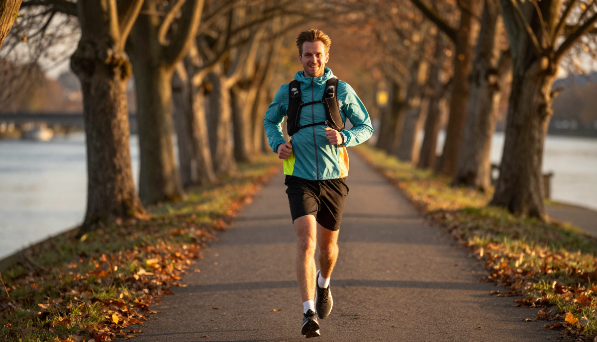 Coureur souriant sur chemin riverain