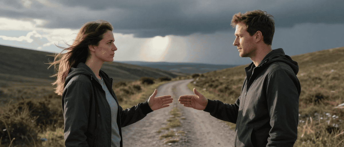 Photo d'une femme et d'un homme se faisant face dans un paysage naturel.