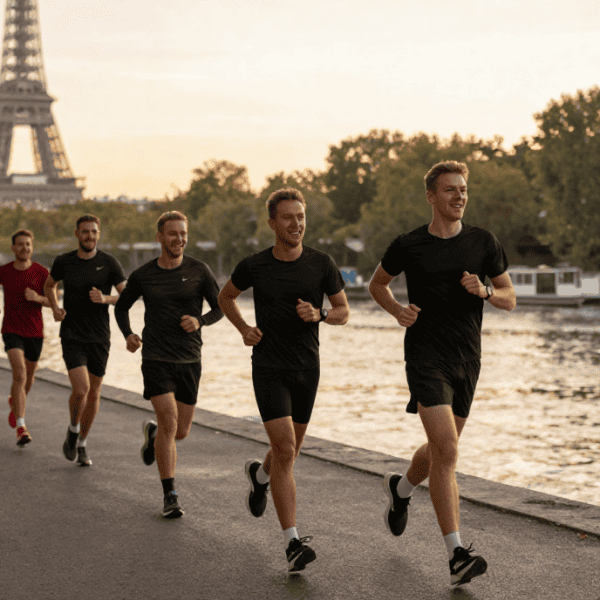 Course à pied en groupe le long de la Seine à Paris au coucher du soleil.