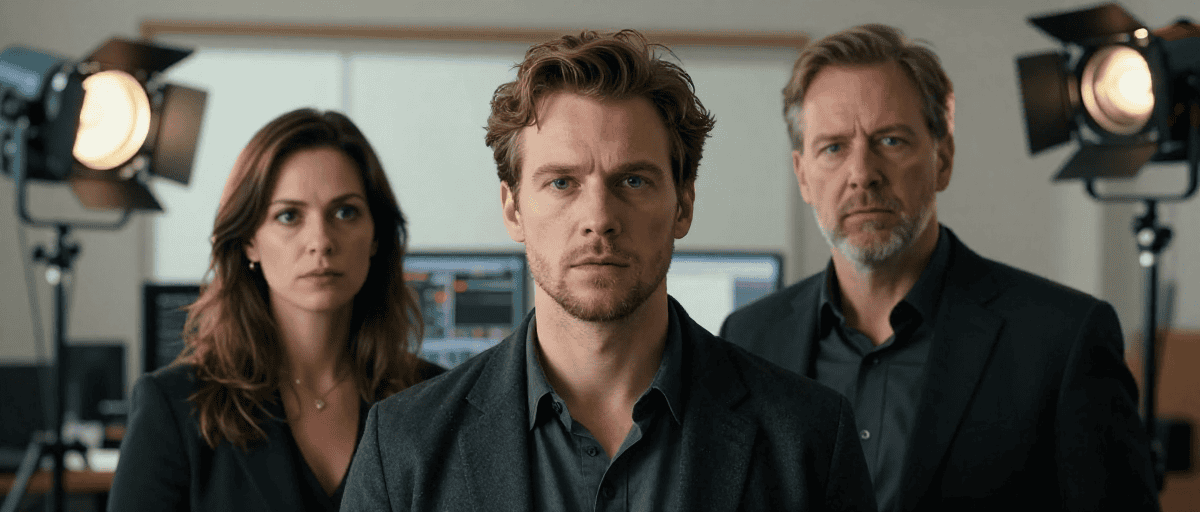 Homme sérieux en réunion avec deux collègues dans un studio d'enregistrement professionnel.