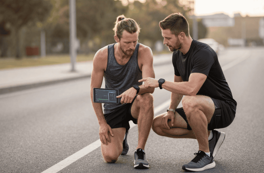 Homme et coach sportif vérifiant les données d’un tracker de course à pied.