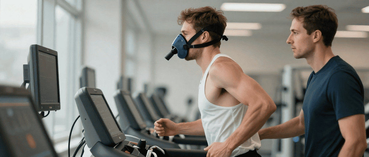 Personne courant sur tapis roulant avec un entraîneur à ses côtés.