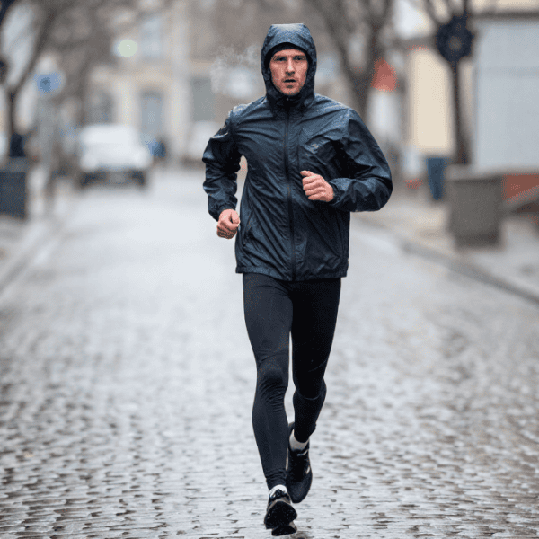 Course à pied sous la pluie, homme en veste imperméable sur pavé urbain.