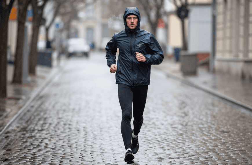 Course à pied sous la pluie, homme en veste imperméable sur pavé urbain.