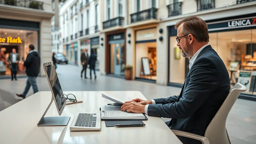 Bureau moderne avec ordinateur portable dans un espace de coworking en ville.