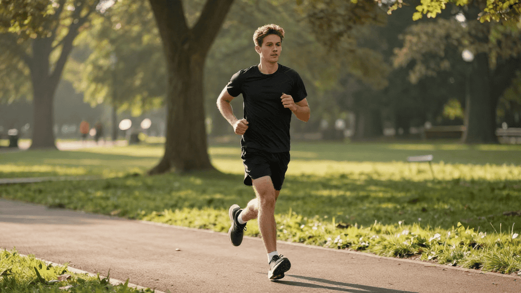 Jogging en plein air dans un parc avec arbres et sentiers.