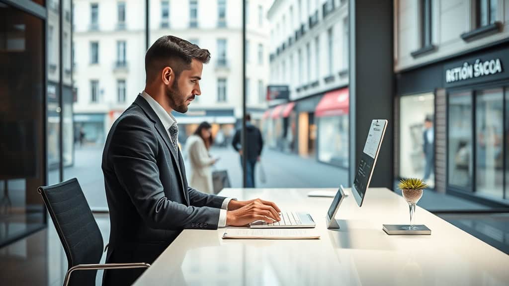 Vendeur en ligne travaillant sur un ordinateur portable dans un espace de coworking urbain.