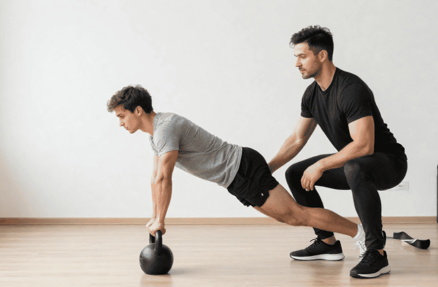Homme faisant des pompes avec kettlebell sous la supervision d'un coach.