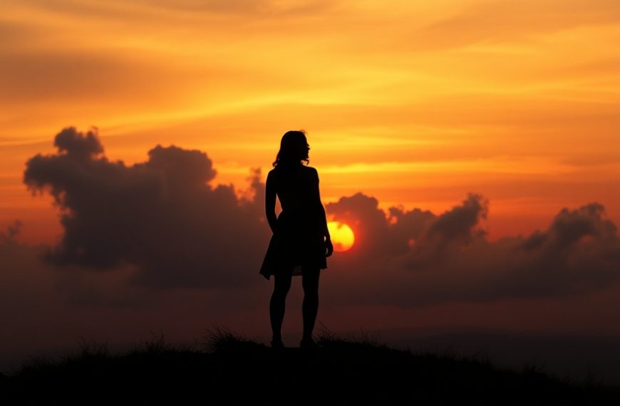 Silhouette d'une femme regardant le coucher de soleil vibrant.