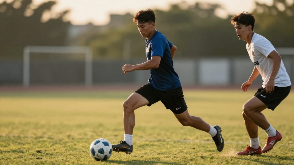 Technique dribble football, joueur en entraînement de dribbles sur terrain