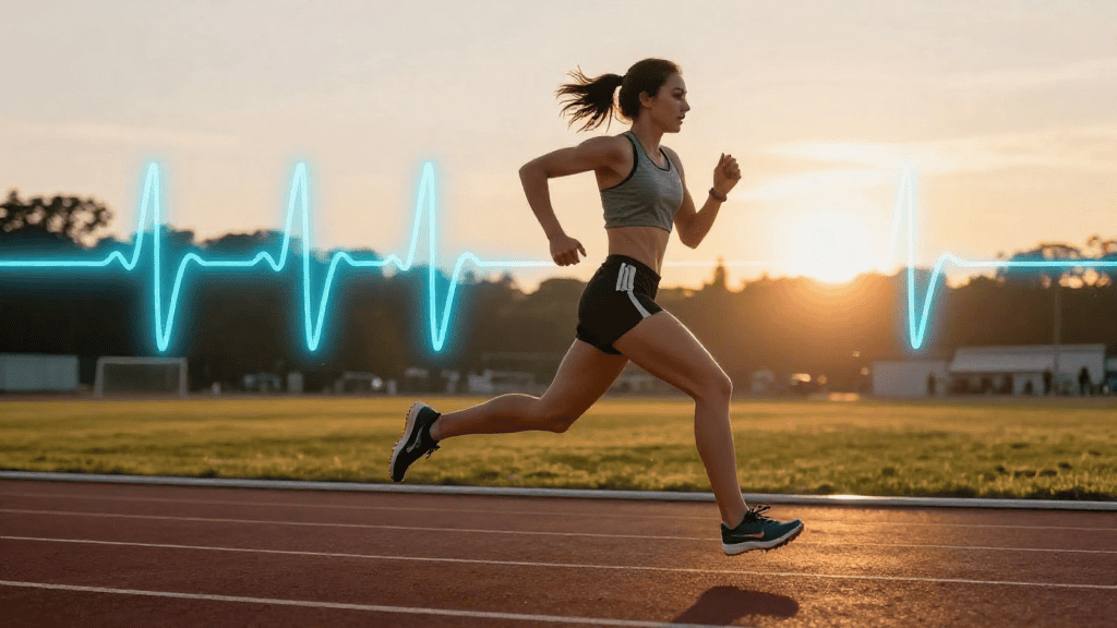 Femme courant sur une piste d'athlétisme au coucher du soleil, symbolisant la santé et la sportivité.