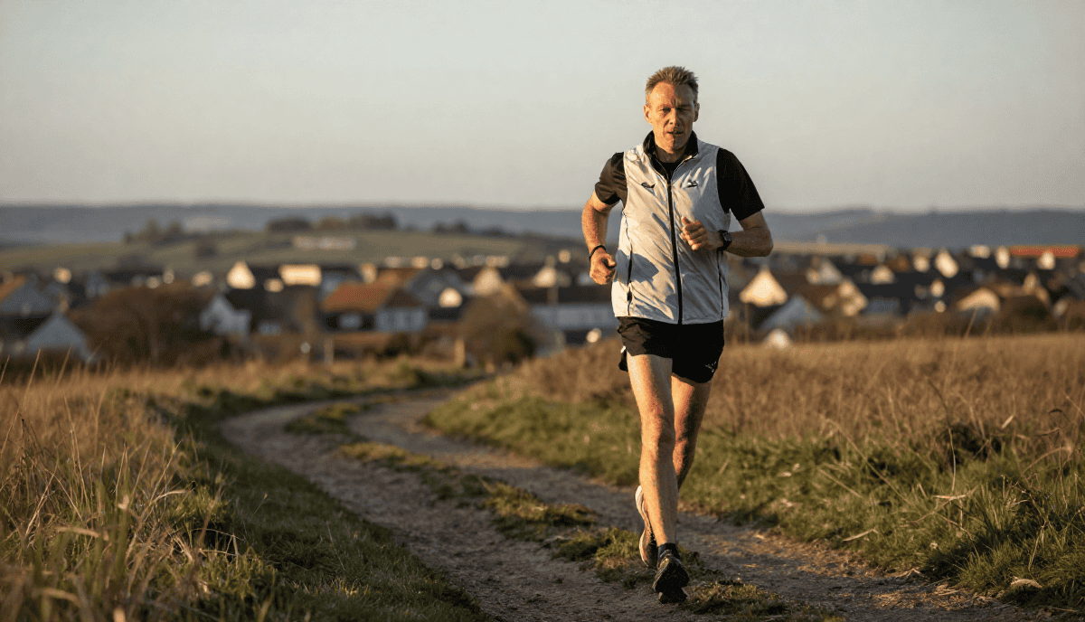 Course à pied en extérieur dans un paysage rural au coucher du soleil.