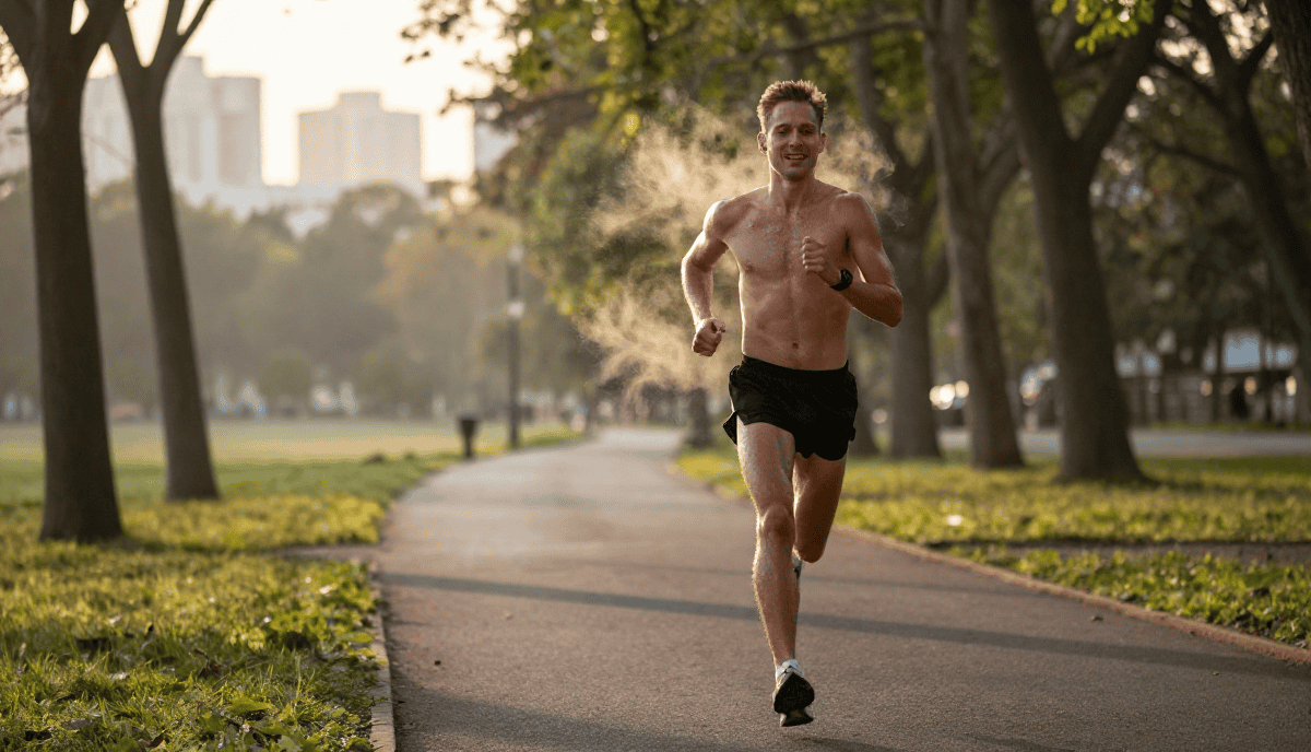 Joggeur homme courant dans un parc au matin ensoleillé.