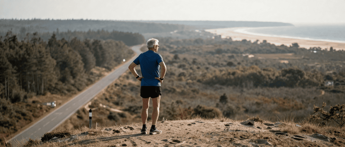 Homme en marche sur sentier côtier avec vue panoramique.