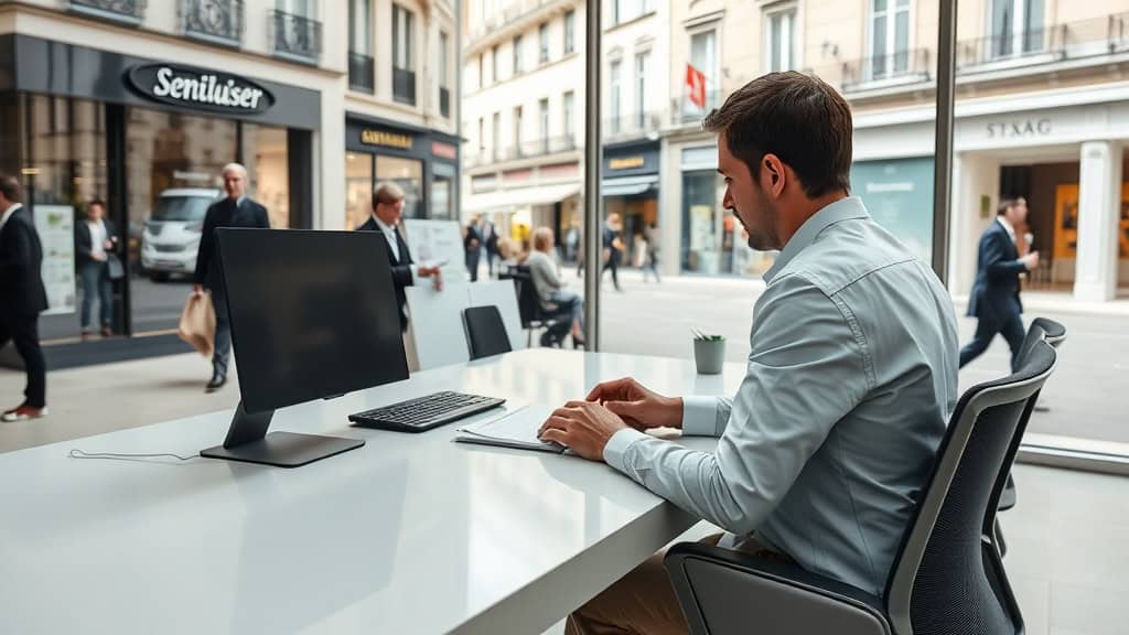 Bureau moderne en centre-ville avec ordinateur portable, idéal pour le télétravail et la productivit.