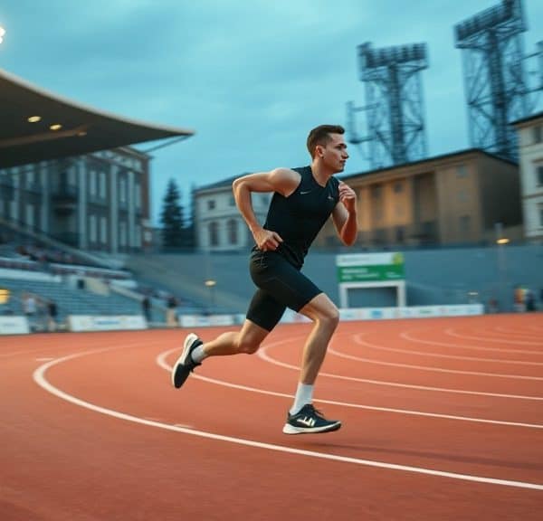 Athlète courant rapidement lors d'une compétition de sprint.