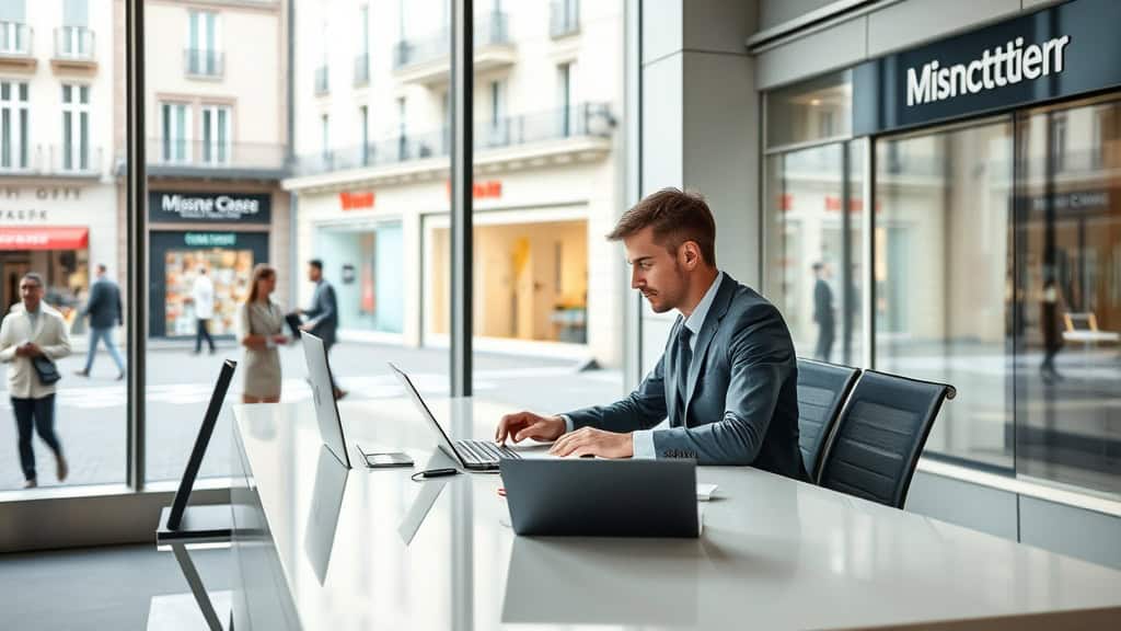 Homme professionnel travaillant sur ordinateur portable dans un espace de coworking lumineux.