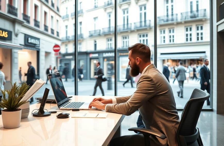 Homme travaillant sur ordinateur dans un espace de coworking en ville.