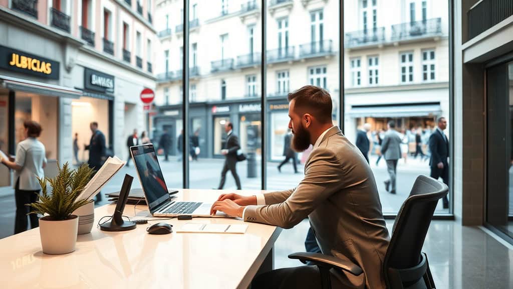 Homme travaillant sur ordinateur dans un espace de coworking en ville.