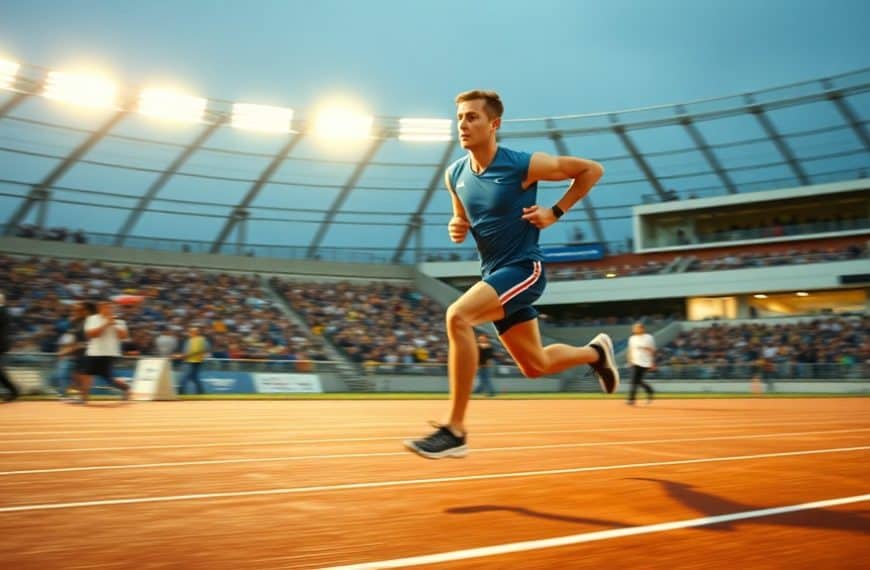 Athlète en course sur piste lors d'une compétition sportive en extérieur.