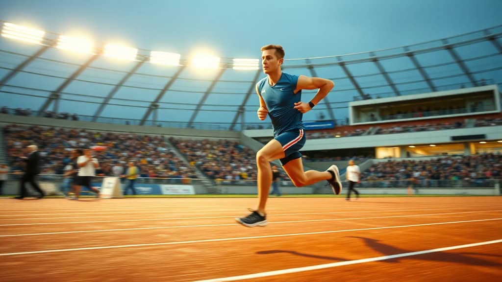 Athlète en course sur piste lors d'une compétition sportive en extérieur.