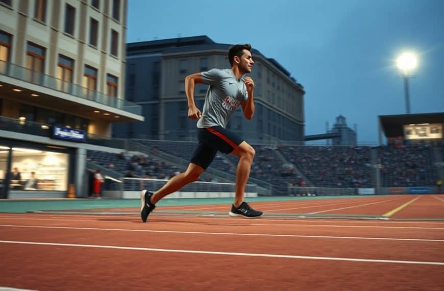 Sprinter en course sur piste extérieure en ville.
