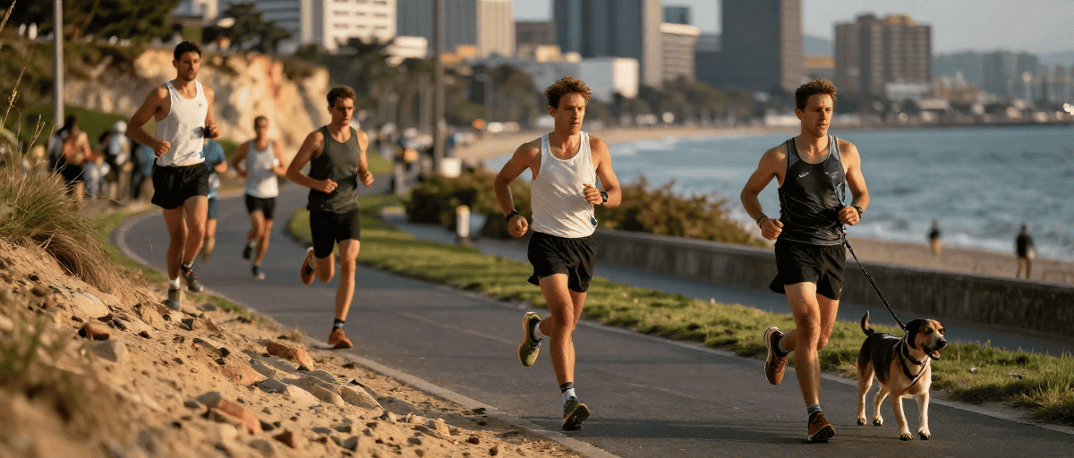 Course de jogging en bord de mer avec un chien, activité sportive en plein air.
