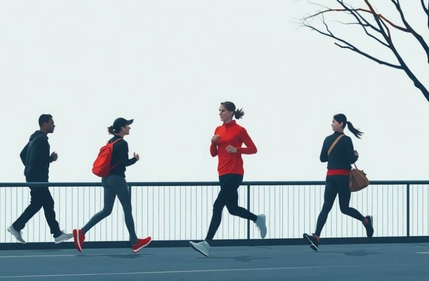 Groupe de personnes courant ensemble sur un pont en plein air, pratique sportive et santé.