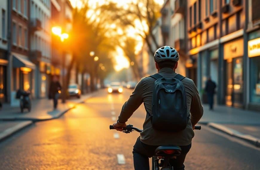 Vélo en ville au coucher du soleil, mode de vie urbain, déplacement écologique.