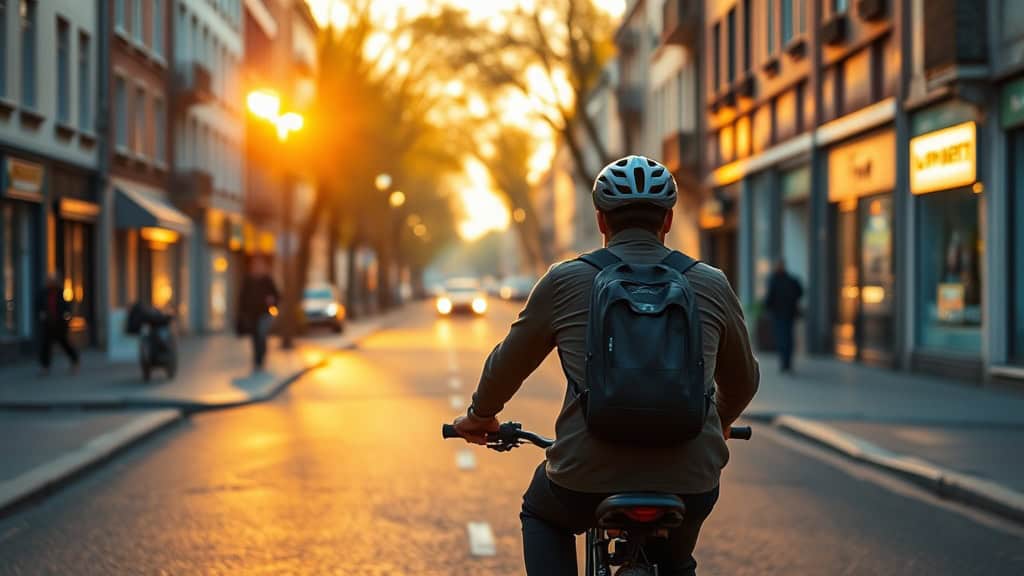 Vélo en ville au coucher du soleil, mode de vie urbain, déplacement écologique.