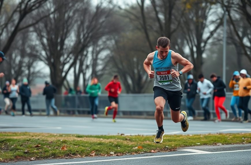 Marathon en plein air avec coureur concentré et spectateurs en arrière-plan.